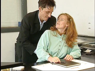 Lucky Cooch: Hairy ginger secretary rides dude's cock in her office