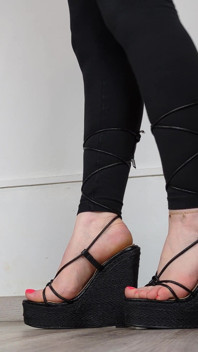 (663) Shoe Collection: Lace up Black Wedge Sandals - Dame Olga