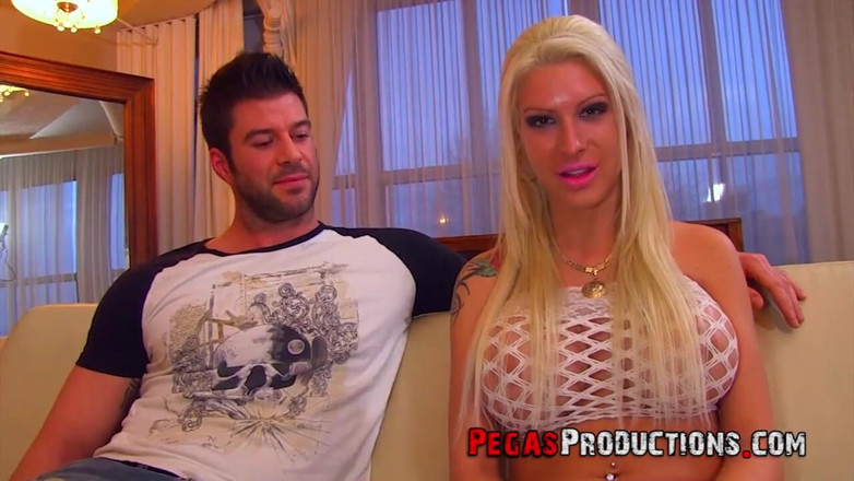 Pegas Productions: Dude gets a mouthful of big boobs from hot blonde