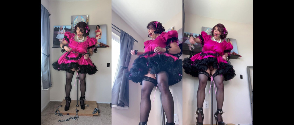 Sissy Candy: Pembantu rumah banci merah jambu Candy dikunci ke tangan dildonya...