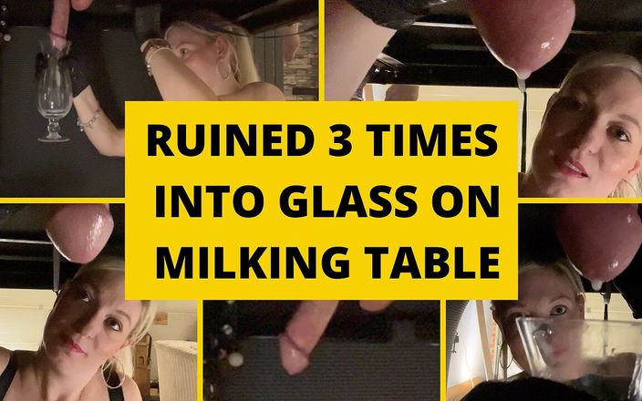 Mistress BJQueen: Nahaufnahme ruiniert mehrmals in ein Glas auf dem melktisch