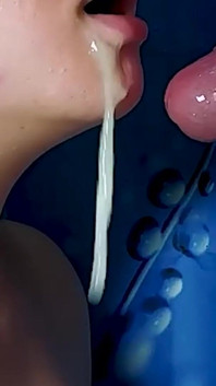 Cum Stream Fills Mouth. Lot Cum Flows From Mouth.