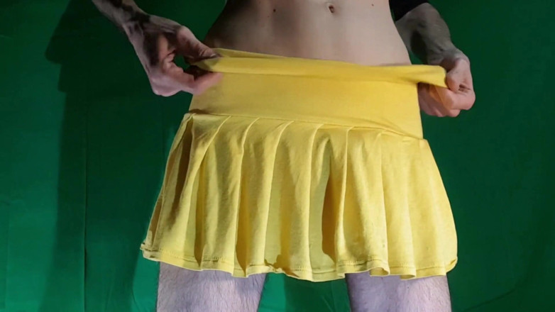 HeIsSooThin: Red Lacy Panties Under Yellow Skirt