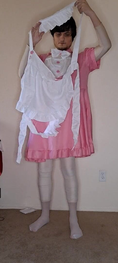 Pup Zentai: Pink spandex maid dress up