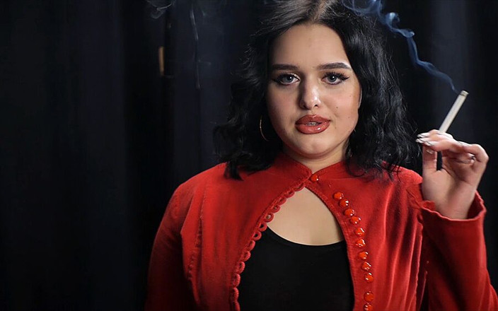 Russian Smokers: Curvy Brunette Smoking in Red Cardigan