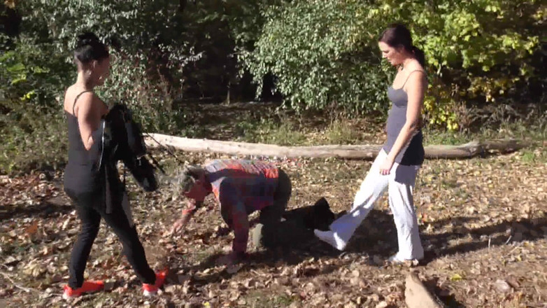 Femdom Austria: Dominant joggers walking their pet slave