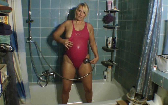 SweetSusi: With Pink Swimsuit in the Shower