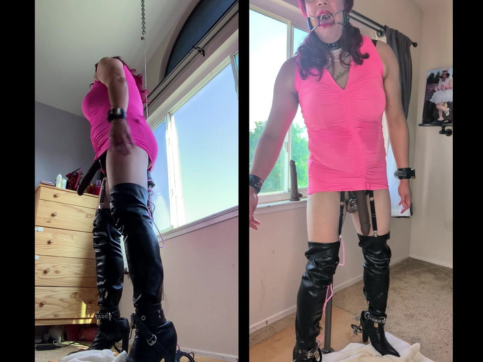 Sissy Candy: Sissy locked v cudnosti a v bondage na svém postu...