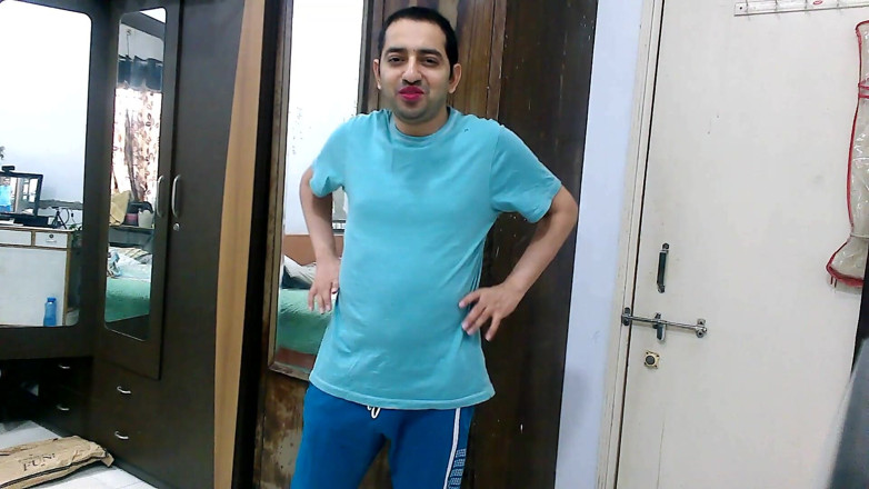 Cute & Nude Crossdresser: Sweet sissy crossdresser femboy in boyfriend's loungewear.
