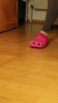 Gray Leggings, Pink Clogs, Ski Socks & Barefoot Under Desk