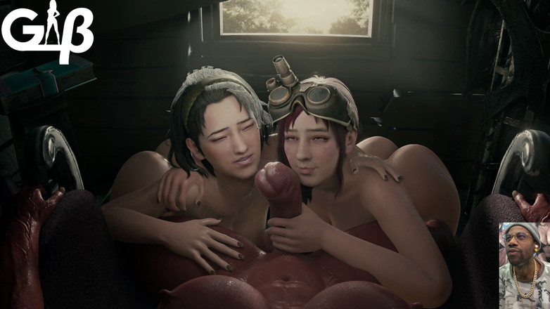 L6RD7BLU3 FUTA: Due troie strozzanti che leccano su un grosso seno transgender...