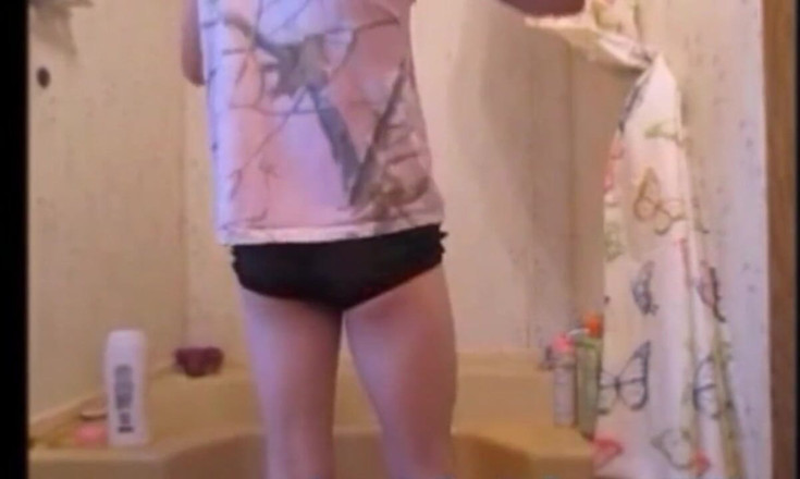 Soloregin: Nerdy sissy in pig tails strips &amp; takes a shower playing...