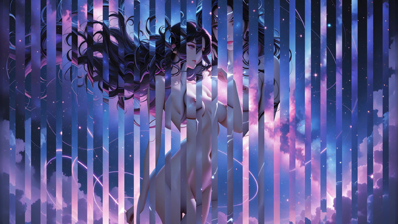LustRender: Big Breasted Nude Lunar Woman in Swirling Nebula