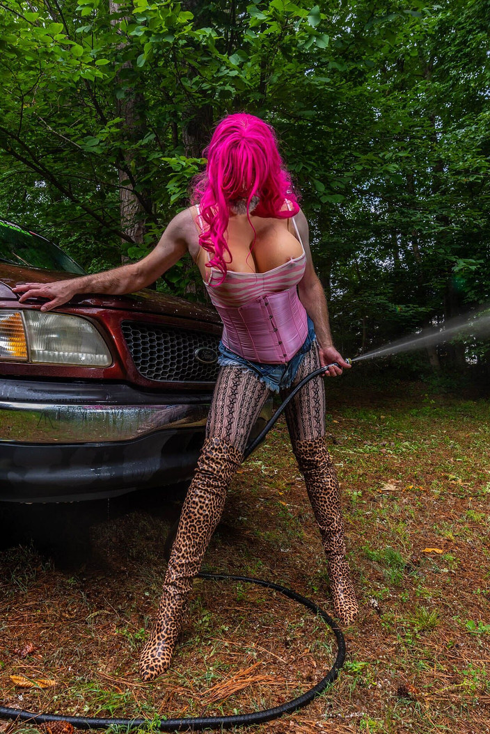 Jon Screcrow: Gigantic Fake Tits Crossdresser Washing My Truck in Daisy Dukes...