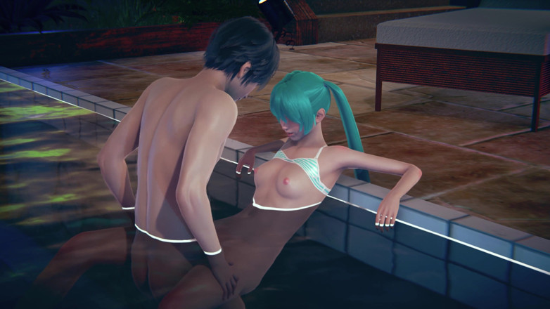 Waifu club 3D: Miku cums in the pool from a big cock