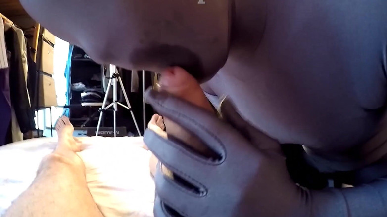 Nylon Xtreme: Grey zentai lycra fuck &amp; blowjob
