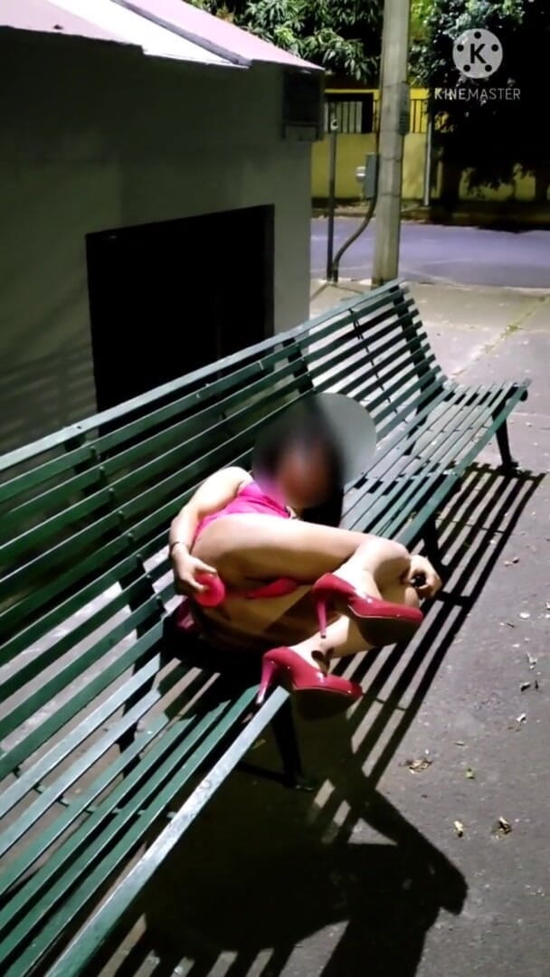 Traviezisha: Сисси в поясе целомудрия и шлюховатое нижнее белье мастурбирует ее задницу дилдо в общественном парке ночью.