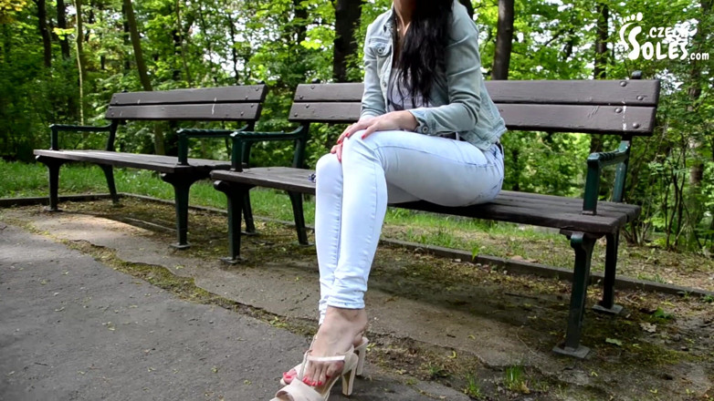 Czech Soles - foot fetish content: High heeled sandals at park