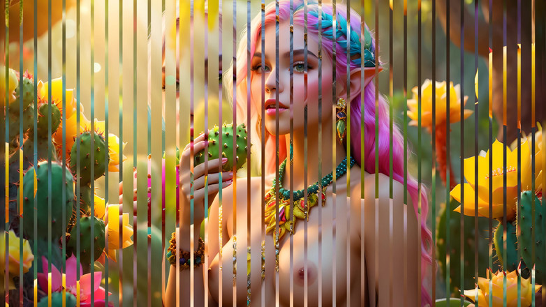 LustRender: कैक्टस नाशपाती के साथ सुंदर बड़े स्तनों वाली नग्न योगिनी लड़की