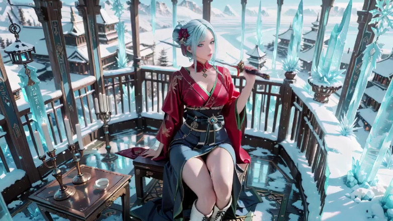 Seraphina Vale: Ice Throne! Silver-haired Mage in Red-green Gown Kneeling, Blue-haired Partner...