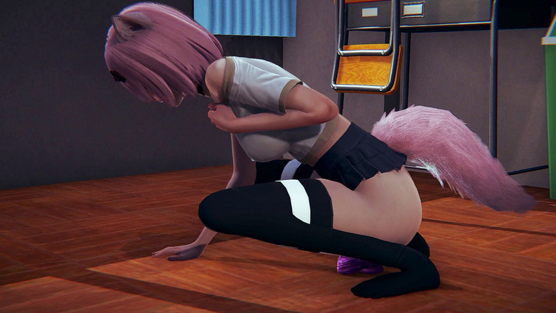 Waifu club 3D: Neko女大学生用粉色假阳具自慰