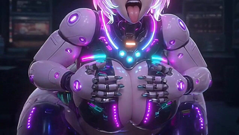 Animate golden: Futuristic cu păr roz fată android gemând și strângându-și țâțele strălucitoare