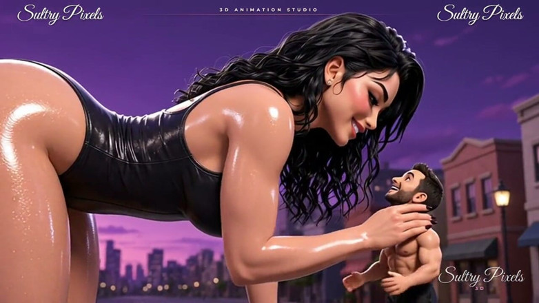 Sultry Pixels 3D: Naoliwiona gigantka w wysokich obcasach góruje nad małym mężczyzną - gigantyczna...