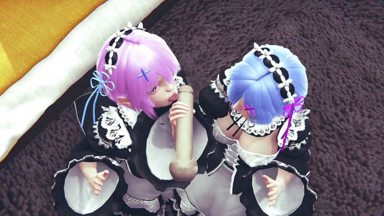 Waifu club 3D: Ram en Rem likken samen een grote pik