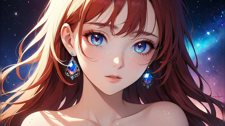 LustRender: Voidgazer: 반짝이는 우주 주근깨를 가진 아름다운 젊은 여성