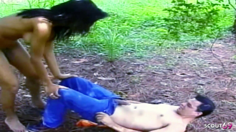 Shemale TS Collection: Big Boob Latina Shemale Fucks Guy Outdoors Against a Tree...