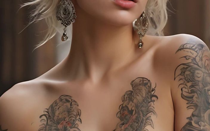 AI Girls: Künstlerischer Akt einer schönen jungen frau mit lebendigen Tattoos, flüstern...