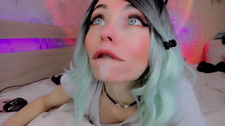 Dirty slut 666: Blue-haired Slut Gets Milk on Her Ahegao Face