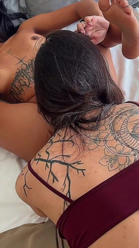 Massive Squirt Play - FFM Threesome - Hardcore Fuck with Two Inked Brunettes Doggy Style and Missionary in POV