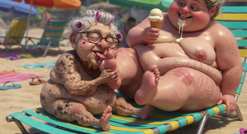 Anime Hentai: Elderly Granny Passionately Sucking BBW Feet on the Beach