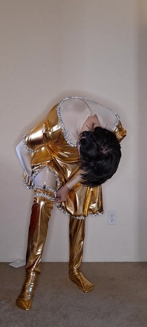 Pup Zentai: Shiny gold maid dress up