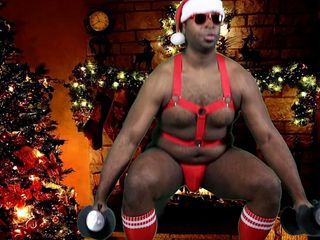 Blkbamaboi73: Sexy black Santa works out before jerking his big stocking...