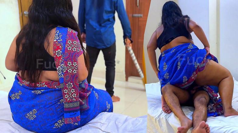 Aria Mia: 印度热辣的妻子与女仆出轨，当她的丈夫去办公室时，她在床上操女仆女牛仔