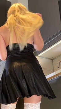Hot Blonde College Girl Flashes Her Pussy Under Her Short Leather Dress and Show Her All Natural Boobs