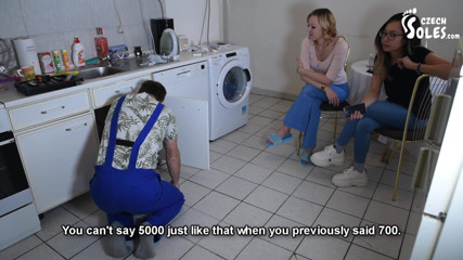 Czech Soles - foot fetish content: Indecent handyman learns his lesson below their 4 dominant feet
