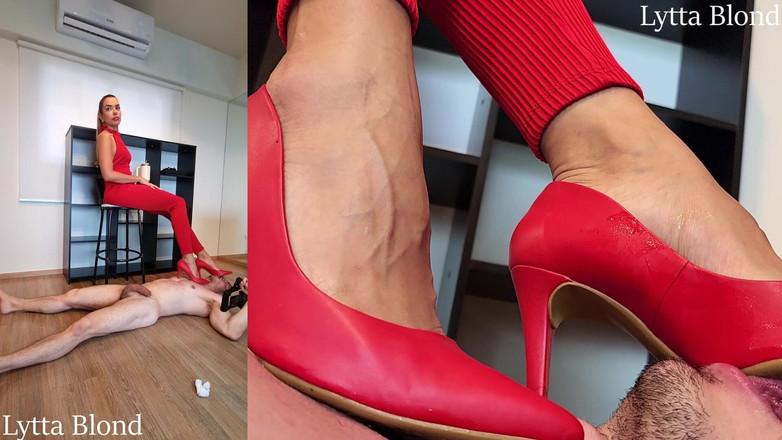 Queen Lytta ballbusting and cum lick: Lytta Blond wysokie obcasy depczący z Footjob CBT i Cum...