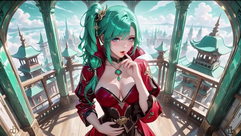 Tay Swift X: Green-haired Warrior in a Black-red Battle Robe, Commanding yet Shy...