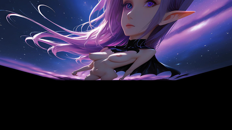 LustRender: Слайд-шоу lustrender: оголений ельф batgirl у фіолетовому космічному пиловому нічному небі - відео Ai