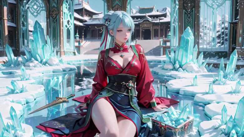 Seraphina Vale: Ice Throne! Silver-haired Mage in Red-green Gown Kneeling, Blue-haired Partner...