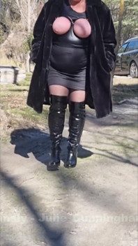 Julie Walking Through a Car Park Wearing Fur Coat, See Her Bound Tits Sticking Out