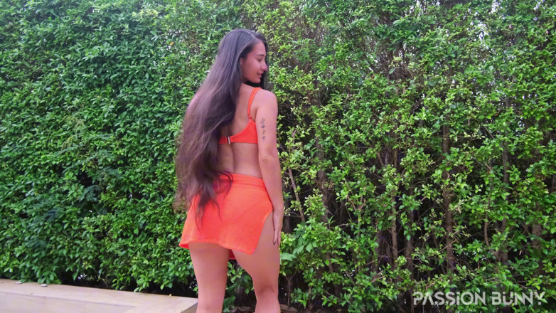 PassionBunny: Huge Pissing Fountain in Orange Sexy Mini Bikini