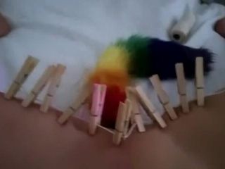 Sex hack me: Wand Orgasm Punishment with Rainbow Foxtail Butplug and Clothes Pins...