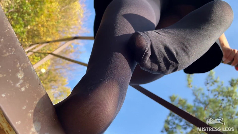Mistress Legs: Black Pantyhose Feet Rubbing - Outdoor Nylon Soles Tease After the...