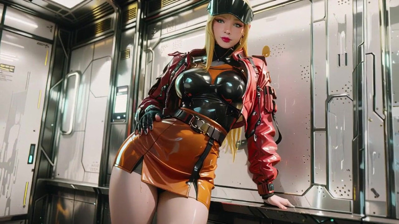 Seraphina Vale: Red Leather Jacket Glistening Under Neon Rain, Kneeling Pose That...