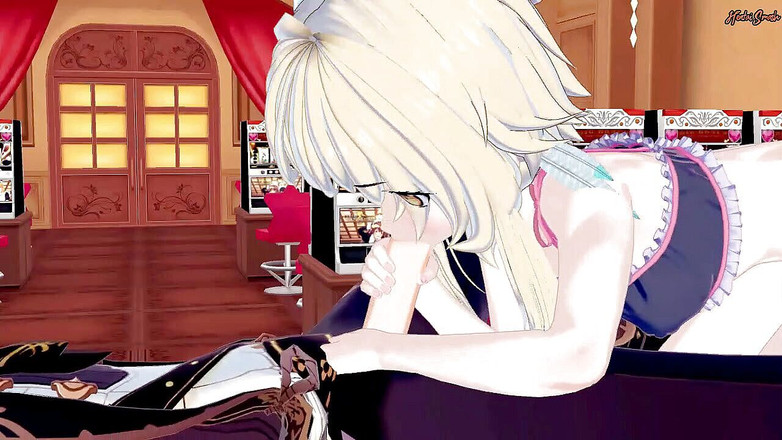 Hentai Smash: Lumine đút sâu vào cổ họng của Diluc, nhổ ra lượng...