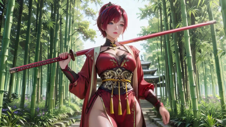 Seraphina Vale: Purple-haired War Maiden in High-slit Kimono, Kneeling to Tease Your...